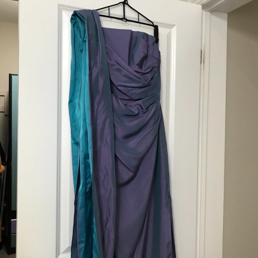 JS Collections strapless iridescent satin gown